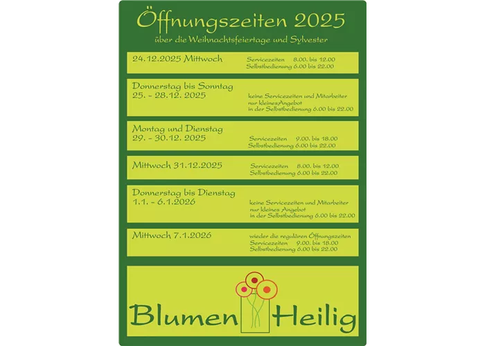 Öffnungszeiten 2025 über die Weihnachtsfeiertage und Sylvester 